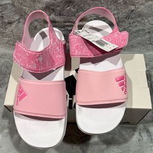 NWT Big Kids Pink & White Adidas Adilette Sandal K Velcro Closure Size 6